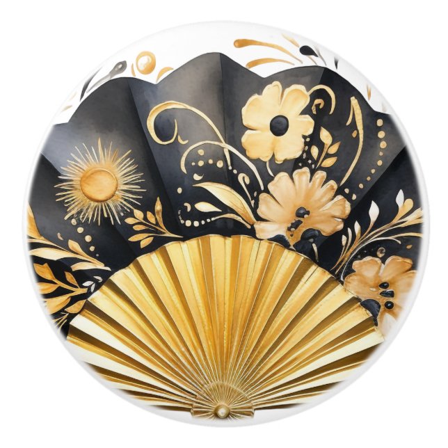 Keramiska knop i Svarta och Guld Fläkt Knopp (Framsidan)