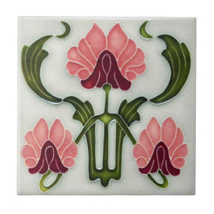Keramiska plattan Art nouveau Stil. Rosa/Grönt Kakelplatta