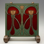Keramiska plattan art nouveau Tulip Tapestry Kakelplatta<br><div class="desc">Den här keramiska plattan utstrålar värmen och skönheten under Art nouveau-perioden och fångar det väsentliga i dess ikoniska stil. Två tulpaner i rikens skuggor av bärnstensfärgade och guld stiga upp mot en slående bakgrund av crimson och maron, deras slender och böjliga löv som skisseras i brons för elegant åldras. Den...</div>