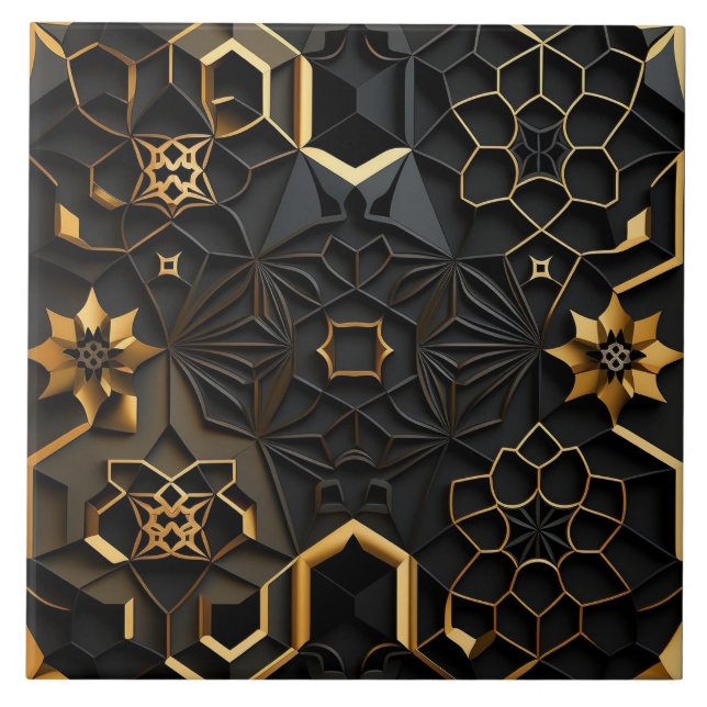 Keramiska plattan Black Guld Mosaic Flowers Kakelplatta (Framsidan)