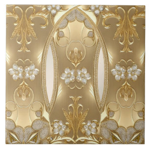 Keramiska plattan i guld Ornate Blommigt Kakelplatta