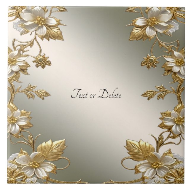 Keramiska plattan i vit Blommigt Guld Ornate Kakelplatta (Framsidan)