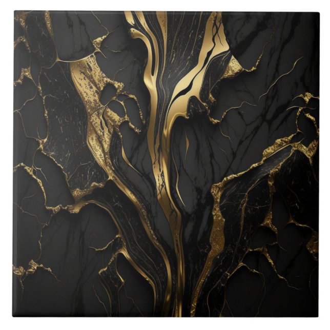 Keramiska plattan Luxury Marble Black och Guld Kakelplatta (Framsidan)