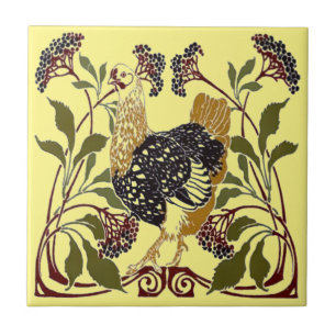 Keramiska plattan vintage Art nouveau Chicken & Fl Kakelplatta