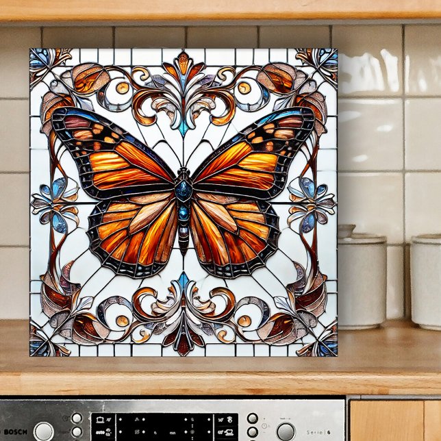 Keramiska plattor av stenat glas (Butterfly Cerami Kakelplatta (Tile featuring a stained glass or leaded glass style design with a colorful butterfly)