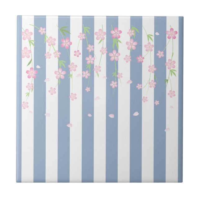 Keramiska plattor Blå & Vit Rand Blommor Blommig Kakelplatta (Framsidan)