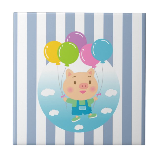 Keramiska plattor Blå & Vit Randig Gris Ballonger Kakelplatta (Framsidan)