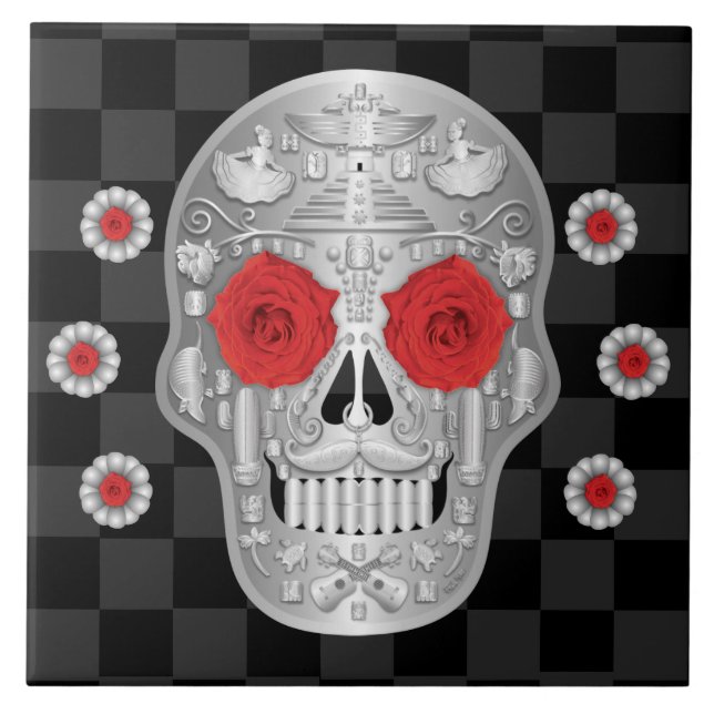 Keramiska plattor för Chrome Calavera (Röd ros) Kakelplatta (Framsidan)