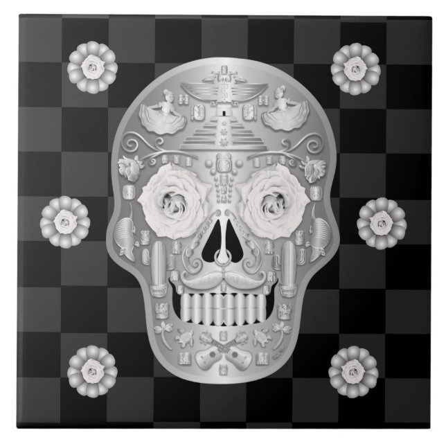 Keramiska plattor för Chrome Calavera (Vit ros) Kakelplatta (Framsidan)