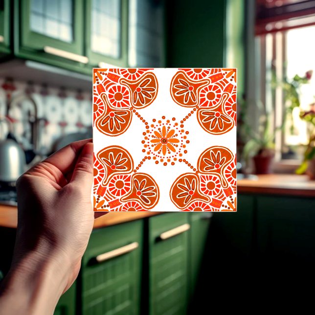 Keramiska plattor för köks- eller badrum, röd desi kakelplatta (Orange and white geometric repeating tile for the kitchen.)