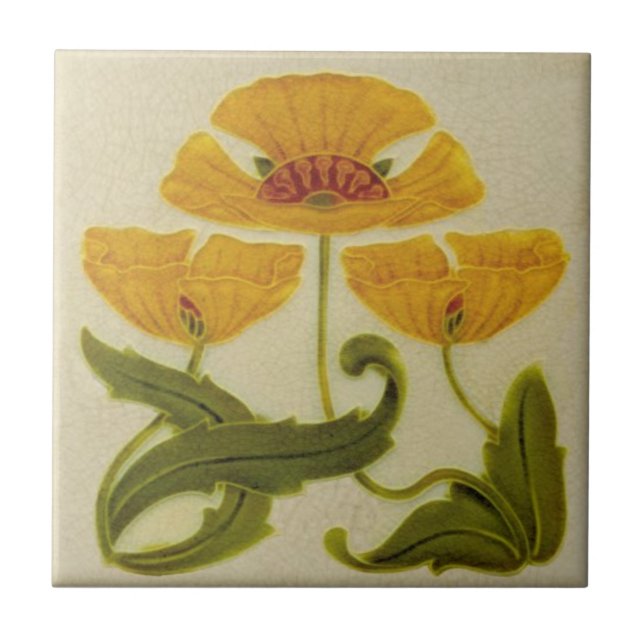 Keramiska plattor - Gult Blommhuvuden Art nouveau Kakelplatta (Framsidan)