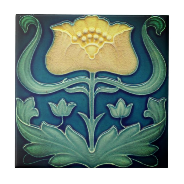 Keramiska plattor - Gult Flower Art nouveau Kakelplatta (Framsidan)