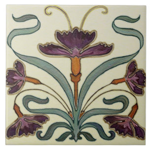 Keramiska plattor - Lila Blommigt Art nouveau Kakelplatta