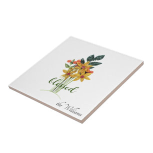 Keramiska plattor, med kvadratiska höstblommor (vä kakelplatta