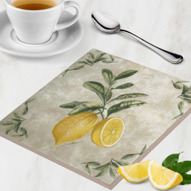 Keramiska plattor med Vintage Lemons Kakelplatta (Vintage European Lemons Stone Texture Neutral Kitchen Tile or Trivet use)