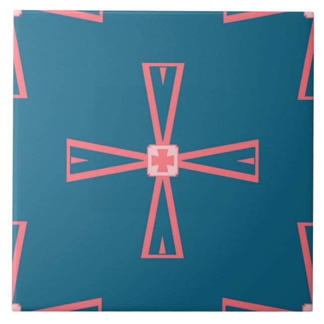 Keramiska plattor - Rosa på Blue Tiled Mönster Kakelplatta (Framsidan)