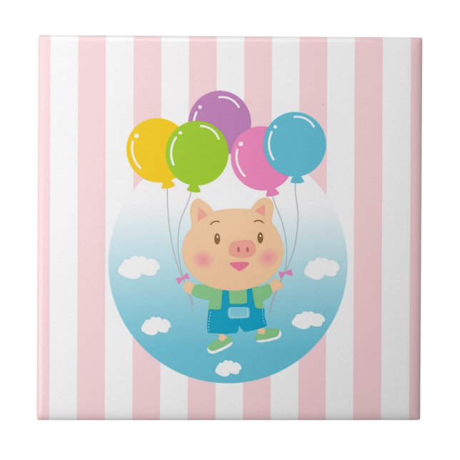 Keramiska plattor Rosa & Vita Randiga Svin Ballong Kakelplatta (Framsidan)