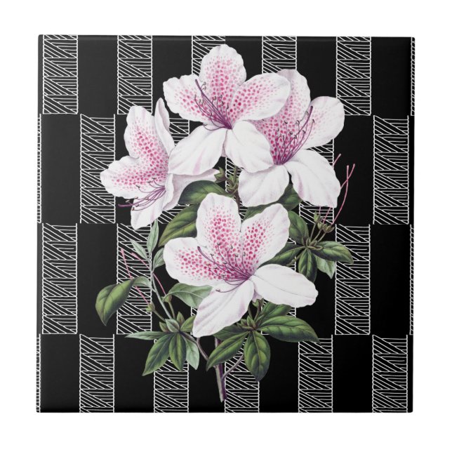  Keramiska plattor, svart vit Blommigt Kakelplatta (Framsidan)