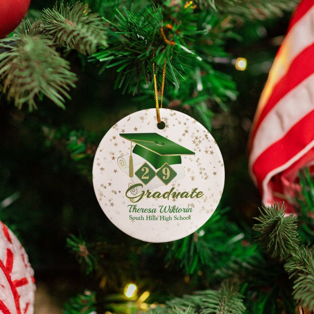 Keramiska prydnadsföremål i grönt och Guld Student Julgransprydnad Keramik (Green and Gold Graduate Ceramic Ornament)