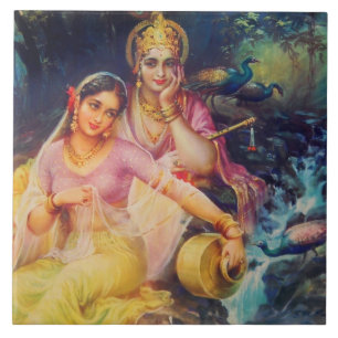 Keramiska Radha och Krishna belägger med tegel Kakelplatta