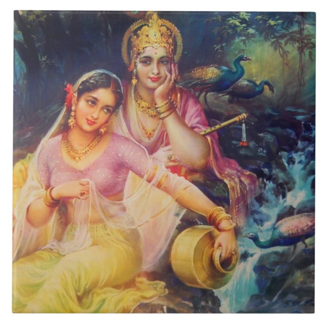 Keramiska Radha och Krishna belägger med tegel Kakelplatta (Framsidan)