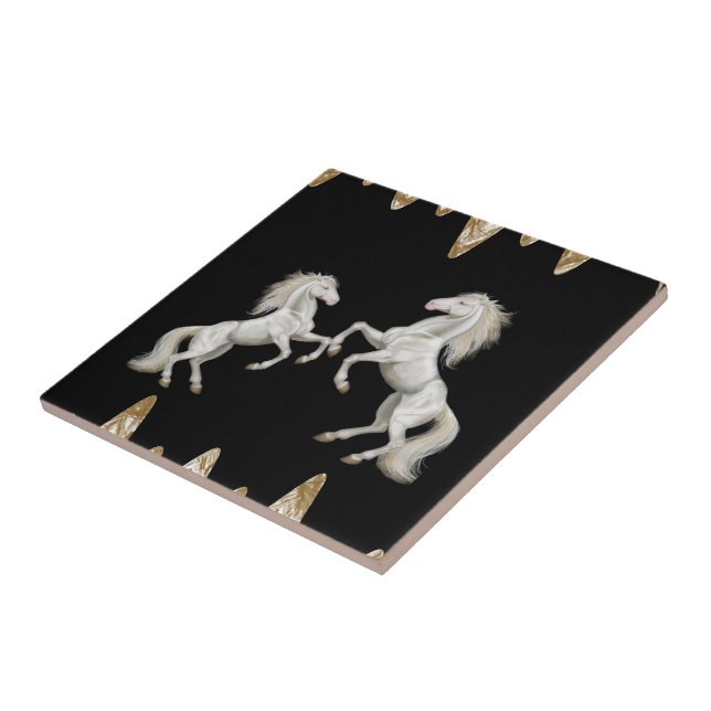Keramiska Tile White Horses Black Guld Kakelplatta (Sidan)