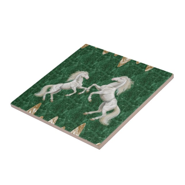 Keramiska Tile White Horses Grönt Guld Kakelplatta (Sidan)