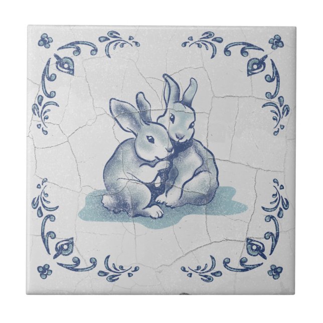Keramiska Vänliga Kaniner Delft Kakel (Framsidan)