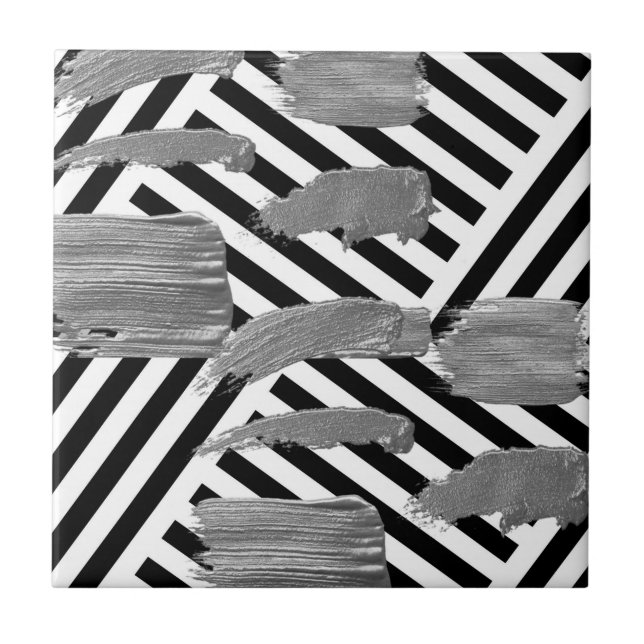 Keramiskt plattan Black & White Rand Silver Mönste Kakelplatta (Framsidan)