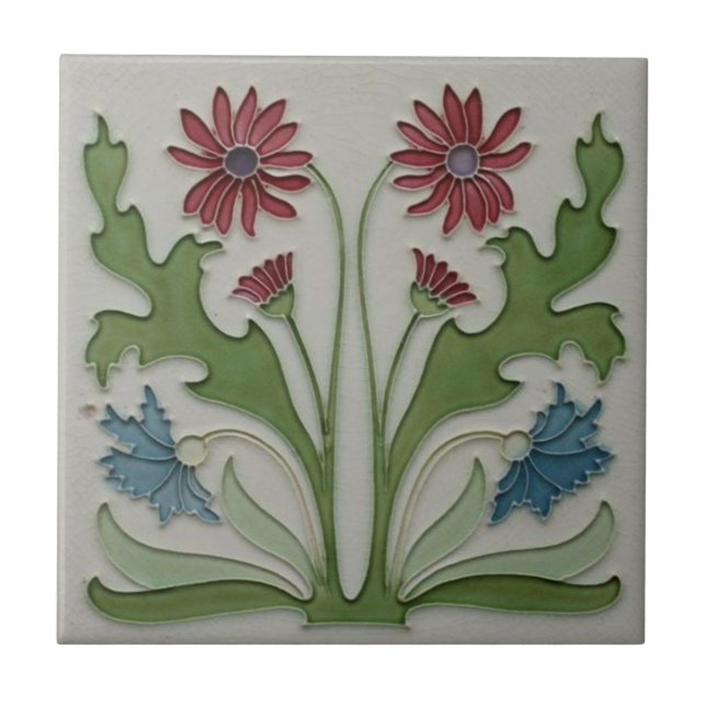 Keramiskt plattor - Art nouveau Red & Blue Blommig Kakelplatta (Framsidan)