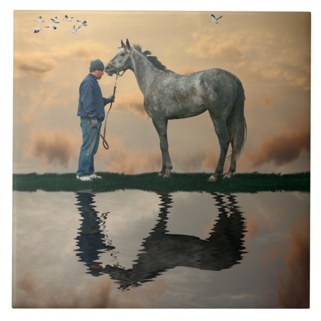 Keramiskt plattor av grått-häst och groom-OTTB Kakelplatta (Framsidan)