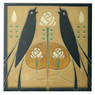 Keramiskt plattor - Blommigten Songbird Art nouvea Kakelplatta