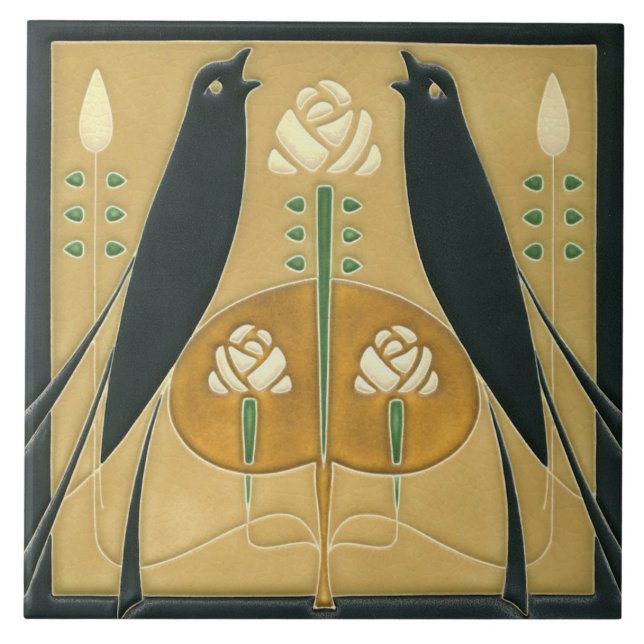 Keramiskt plattor - Blommigten Songbird Art nouvea Kakelplatta (Framsidan)