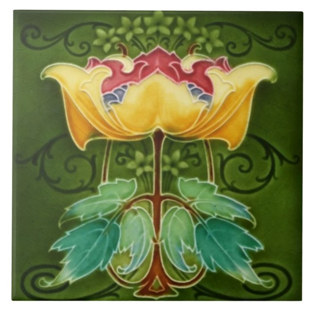 Keramiskt plattor - Gult Blommigt Art nouveau Kakelplatta (Framsidan)