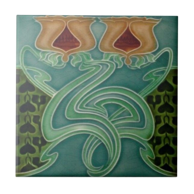 Keramiskt plattor - Gult Blommigt Art nouveau Kakelplatta (Framsidan)