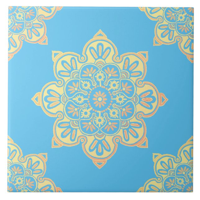 Keramiskt plattor, gult medallion Cerulean Blue Kakelplatta (Framsidan)
