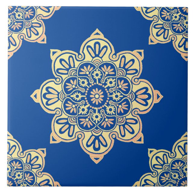 Keramiskt plattor, gult medallion deep blue kakelplatta (Framsidan)