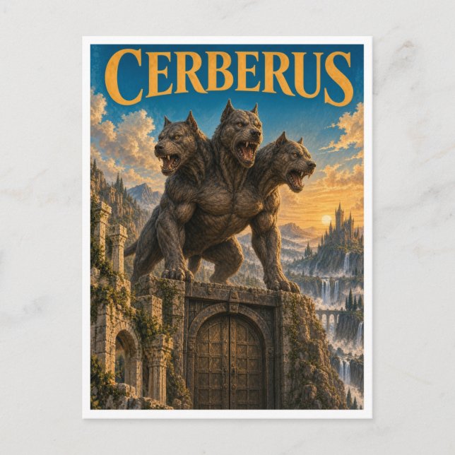 Kerberus, gotisk fantasimonster vykort (Framsida)