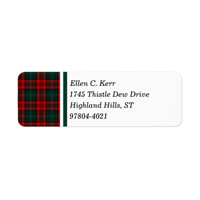 Kerr Klan Red, Grönt och Black Scottish Tartan Returadress Etikett (Framsidan)