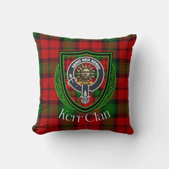 Kerr skotsk klan tartan och vapensköld kudde (Framsida)