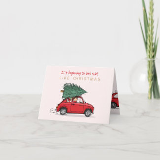 Kerstkaart Fiat 500 rood met kerstboom Kort