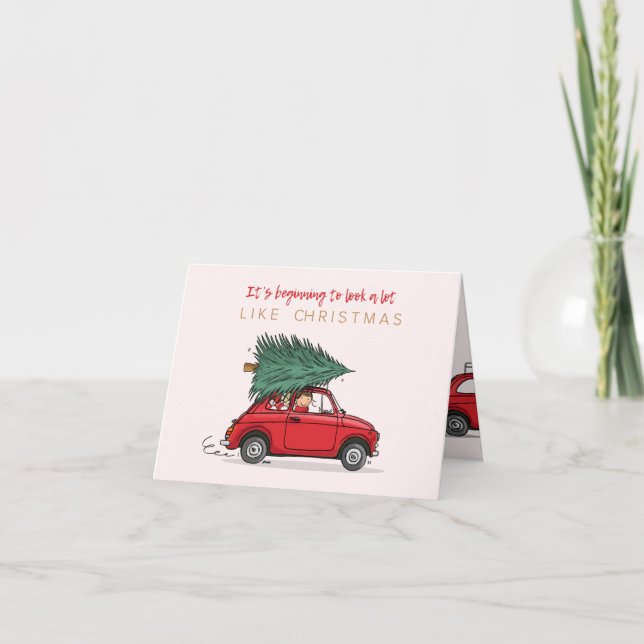 Kerstkaart Fiat 500 rood met kerstboom Kort (Framsida)