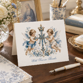 Kerubängel Blå Blommig Marian Monogram Tack Kort