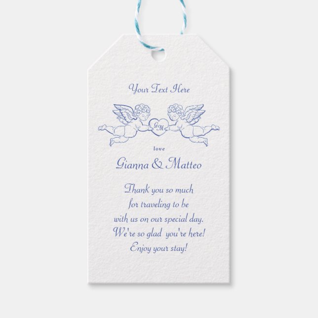 Keruber som håller hjärta-par Kupider initialer Presentetikett (Framsidan)