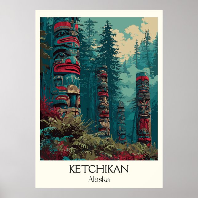 Ketchikan Alaska Totempålar Skog Poster (Framsidan)