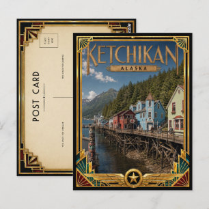 Ketchikan Alaska Vintage Art Deco Guldålder Vykort