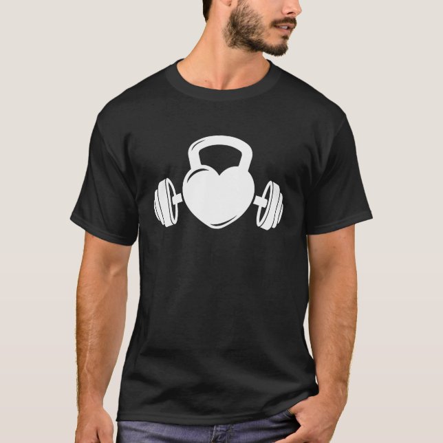 Kettlebell and Barbell Heart Love  Gym Workout Mot T Shirt (Framsida)