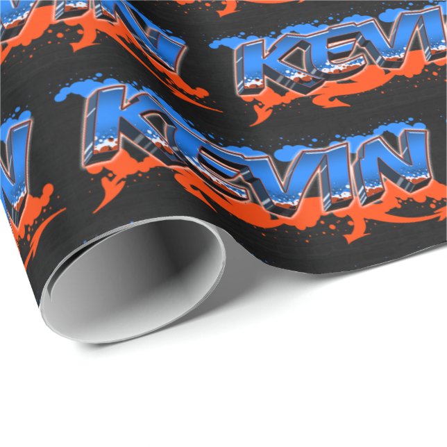 Kevin Vorname Name Graffiti blue orange Presentpapper (Rullad Hörn)