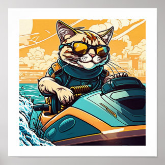 Kewl Beans- Coola Cat med solglasögon på en jetski Poster