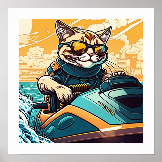 Kewl Beans- Coola Cat med solglasögon på en jetski Poster (Framsidan)